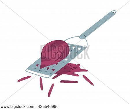 Vegetable Grating With Metal Hand Grater. Preparing Beet Ingredient For Cooking, Shredding It Into S