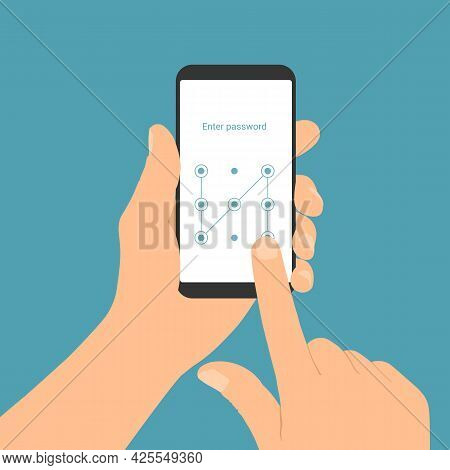 Flat Design Illustration Of A Man's Hand Holding A Smartphone With A Login Screen And Entering A Gra