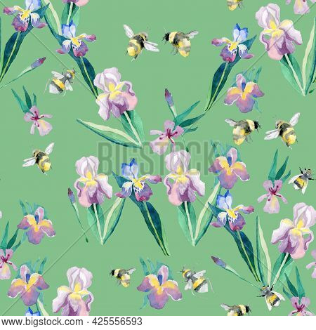 Iris Flowers And Bees On A Green Background A Seamless Pattern For The Fabric Of A Romantic Summer R