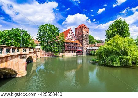 Nuremberg, Germany. Colourful And Picturesque View Of The Half-timbered Old Houses On The Banks Of T