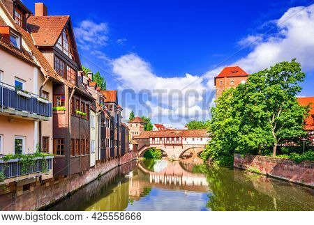 Nuremberg, Germany. Colourful And Picturesque View Of The Half-timbered Old Houses On The Banks Of T