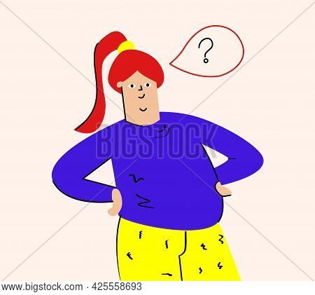 The Woman Looks Questioningly With Her Hands On Her Hips. Question, Puzzlement, Surprise. Flat Vecto