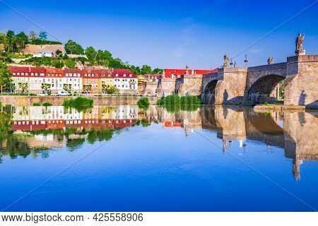 Wurzburg, Germany. Beautiful Water Reflection Of Main River. Travel Sightseeing Of Franconia, Bavari