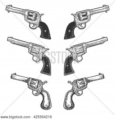 Collarbone Tattoo Revolvers Pistols Set. Vintage Historical Line Art Sketch Engraving Vector Illustr