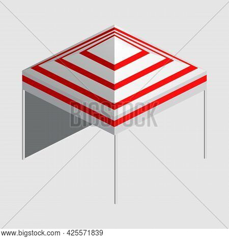 Isometric Market Stall, Tent. Street Awning Canopy Kiosk, Counter, White Red Strings For Fair, Stree