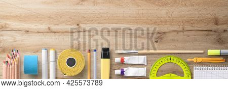 Flat Lay Top View Of Group Of School Supplies, Back To School Concept. Copy Space.