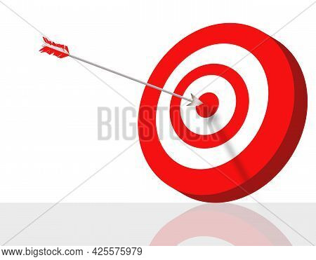 A Red And White Arrow Is Stuck Into The Bullseye Of A Red And White Striped Circular Target In A 3-d