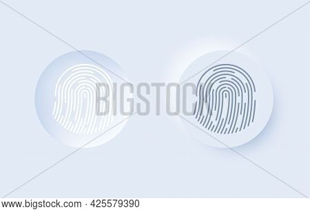 Fingerprint Round Button On And Off In Modern Neumorphic Trend Style. Ui, Ux Set For Mobile App. Loc