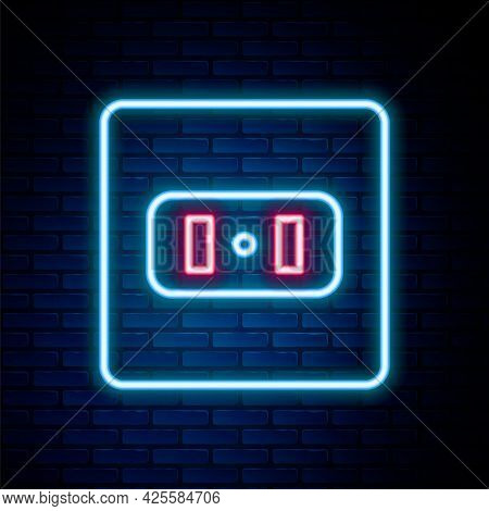 Glowing Neon Line Electrical Outlet Icon Isolated On Brick Wall Background. Power Socket. Rosette Sy