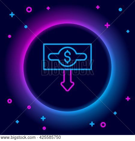 Glowing Neon Line Dollar Rate Decrease Icon Isolated On Black Background. Cost Reduction. Money Symb