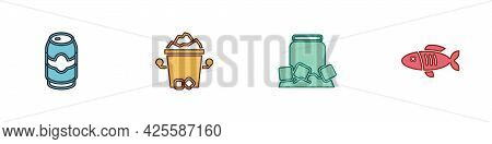 Set Beer Can, Ice Bucket, Cold Beer And Dried Fish Icon. Vector