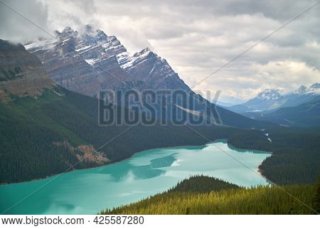 Peyto Lake Banff National Park. High Angle View Of Peyto Lake In Banff National Park In Alberta Cana
