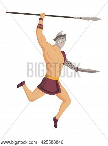 Ancient Rome Gladiator. Vector Roman Warrior Character In Armor With Spear And Sword. Flat Illustrat