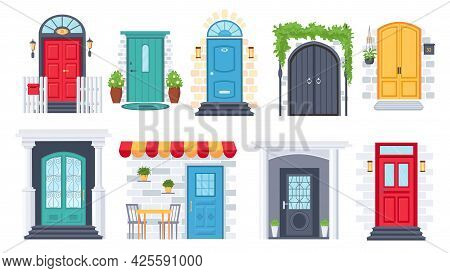 House Front Entrance. Building Door Architecture With Arches, Columns, Flower Pots, Lamp, Doorstep A