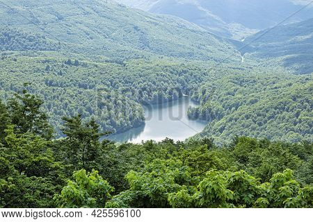 Morske Oko Lake From Sninsky Kamen Hill, Vihorlat Mountains, East Slovak Republic. Seasonal Natural 