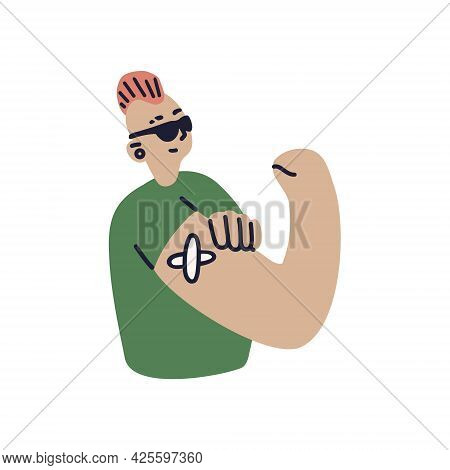 Vaccinated-coolvaccinated Punk Tough Guy With Mohawk And Green T-shirt. Young Man With Mohawk And Pl