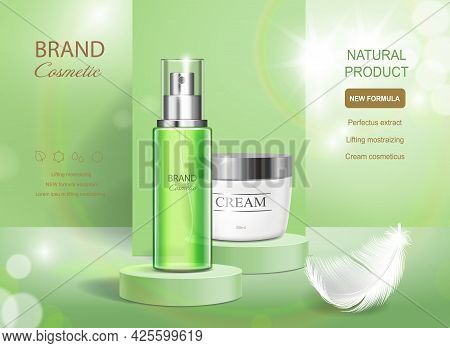 Cosmetics Product Spray Bottle And Cream On Green Shinig Background. Ads Moisturizing Cosmetic On St
