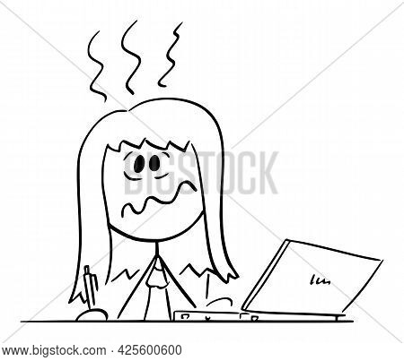 Stressed Overworked Woman Sitting Behind Desk Working In Office On Computer,  Cartoon Stick Figure I