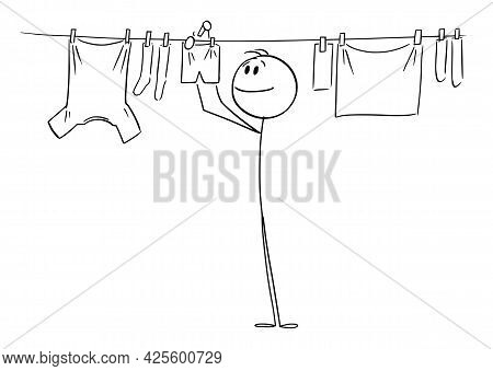 Person Or Man Hanging Clean Clothes On Line Using Pegs ,  Cartoon Stick Figure Illustration
