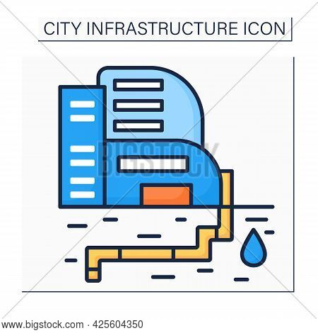 Water Supply Color Icon. Public Utility Providing Water Through System Of Pumps And Pipes. Urban Res