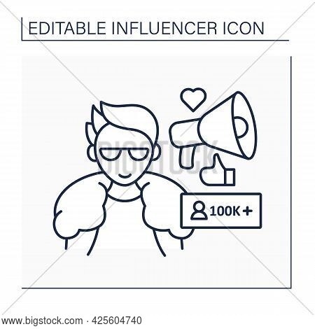 Macro Influencer Line Icon. Blogger With One Hundred Thousand Plus Subscribers. High Influence On Pe