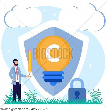 Intellectual Property Vector Illustration. The Concept Of Protection Of The Author's Work Idea Of ​​