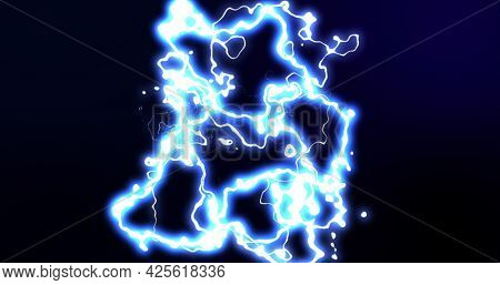 Glowing blue and white bundle of lively electrical current moving on black background. energy, nature, electricity, light and movement concept, digitally generated image.