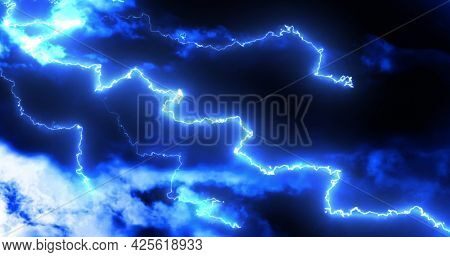 Glowing blue lightning bolts of electrical current moving wildly on dark sky background. energy, electricity, light and movement concept, digitally generated image.