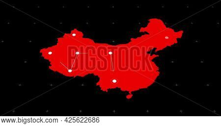 Red map with fast moving white network of connected points on black background. spreading communication and inormation network concept