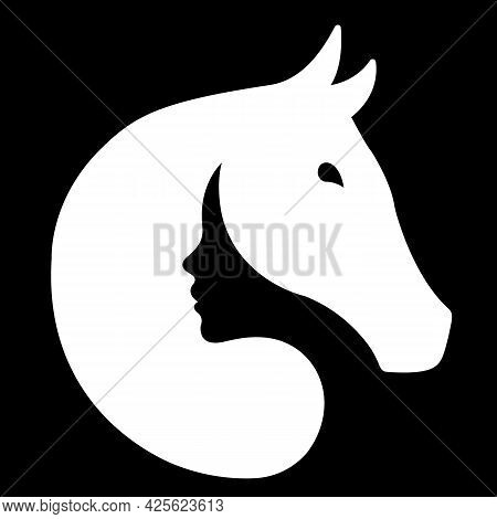 Silhouette Of A White Horse And The Face Of A Black Girl. Design Suitable For Equestrian Logo, Farm,