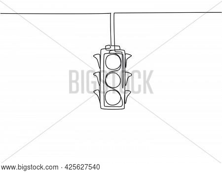 Single Continuous Line Drawing Of Traffic Lights That Are Placed Hanging Above The Highway Crossing.