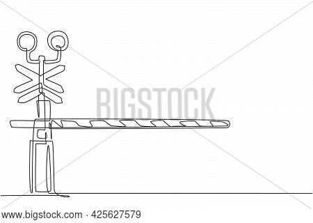Continuous One Line Drawing A Railway Barrier With Stripes, Signs, And Warning Lights Closes Railroa