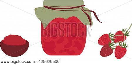 Glass Jars From Strawberry. 
Bowl Of Strawberry Jam