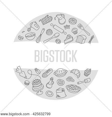 Bakery Products And Baking Tools Linear Label. Round Sticker. Thin Line Icons Of Baked Goods And Coo