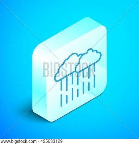Isometric Line Cloud With Rain Icon Isolated On Blue Background. Rain Cloud Precipitation With Rain 