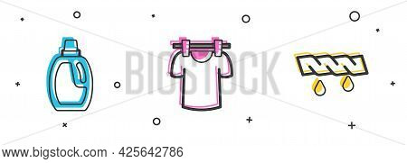 Set Bottle For Cleaning Agent, Drying Clothes And Squeeze Icon. Vector