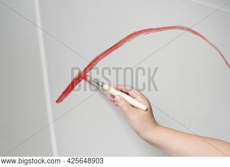 Kid Drawing Red Line Art With Paints Rainbow
