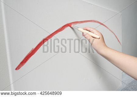 Kid Drawing Red Line Art With Paints Rainbow