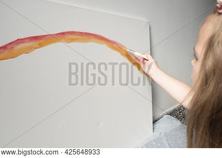 Kid Drawing Red Line Art With Paints