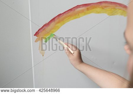 Kid Drawing Colorful Line Art With Paints