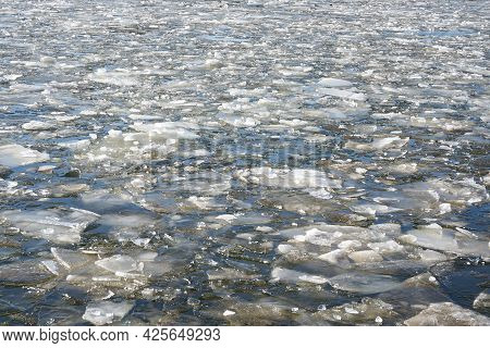 Ice Floes On The River Elbe Near Magdeburg On A Cold Winter Day