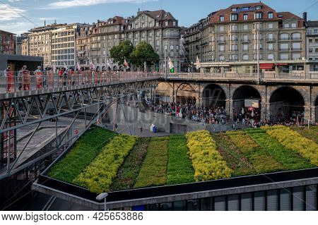 Lausanne, Canton Of Vaud, Switzerland - July 2 2021: Crowd Of People Watching Uefa Euro 2020 Footbal