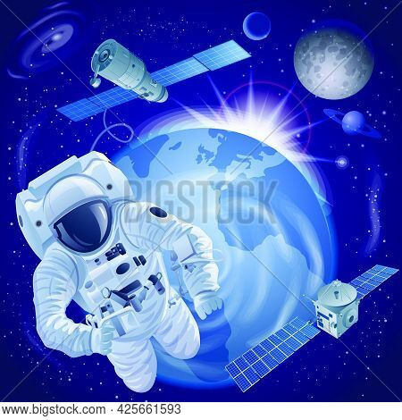 Concept Illustration Of The Exploration Of The Galaxy And Space, Astronaut And Space Ships And Satel