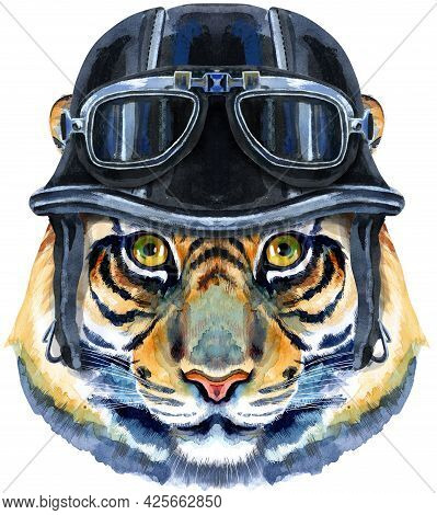 Tiger Horoscope Character Watercolor Illustration With Biker Helmet Isolated On White Background.