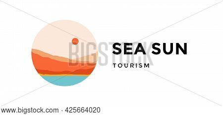 Logo, Logotype, Sign. Sea Sun, Tourizm. Logo With Abstract Landscape Mountain, Sky And Sunset View. 