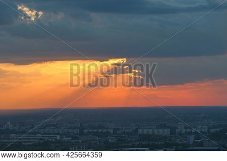 Beautiful Sunsebeautiful Sunset Over The City. Twilight, The Sun Is Over The Horizon. T Over The Cit
