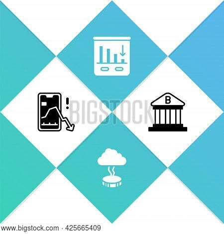 Set Mobile Stock Trading, Storm, Pie Chart Infographic And Bank Building Icon. Vector