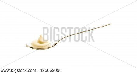 Mayonnaise Drop In The Spoon. Top View Of Sause Splash Isolated On White Background. High Reolution 