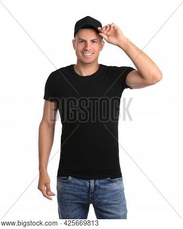 Happy Man In Black Cap And Tshirt On White Background. Mockup For Design
