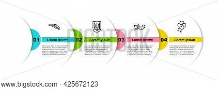 Set Line Vintage Pistols, Ukrainian Trident, Glass With Vodka And Poppy Flower. Business Infographic